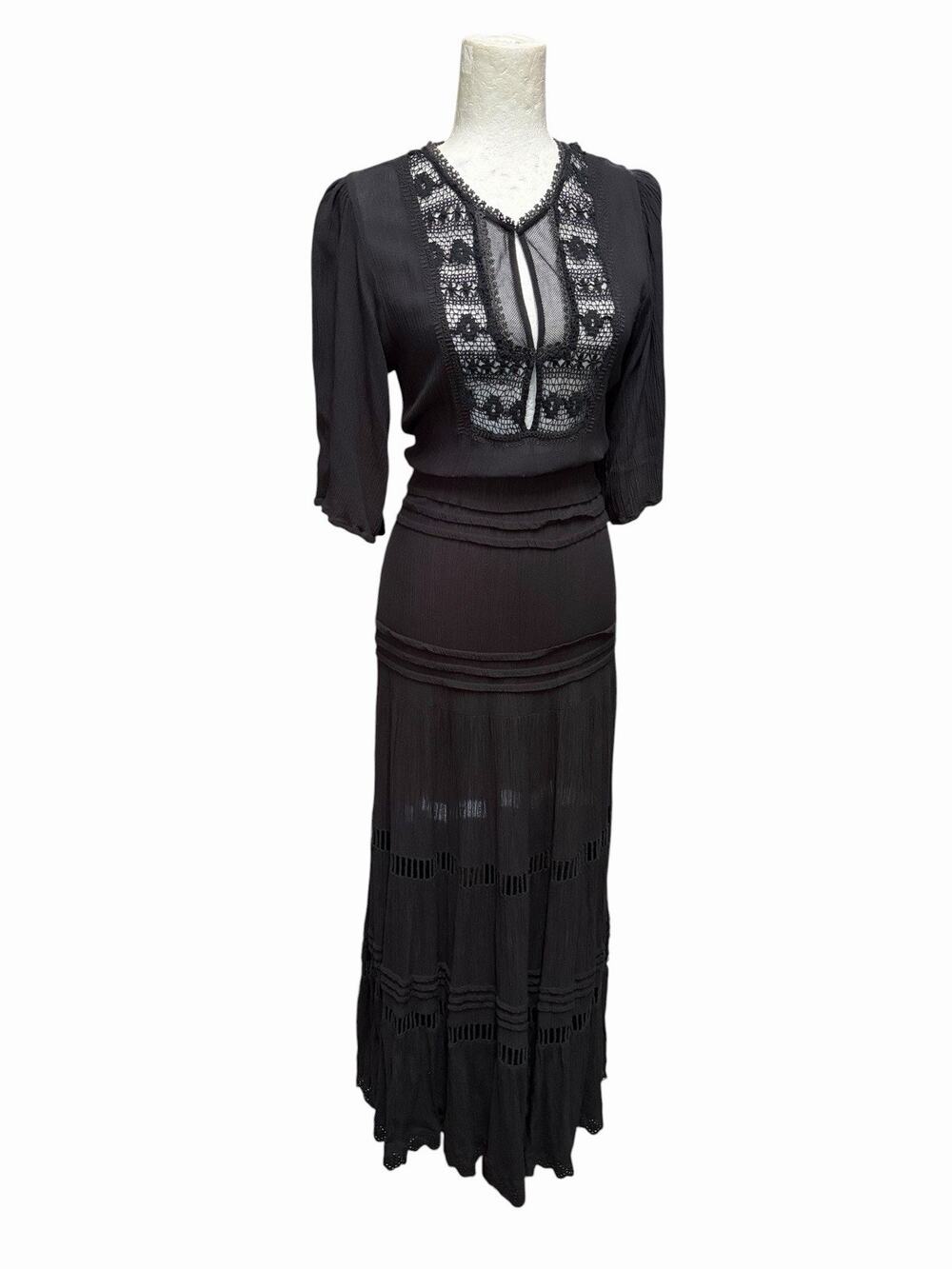 Cleobella Black Maxi Dress Thigh Slits Size Medium Lace Crochet Boho Gauze